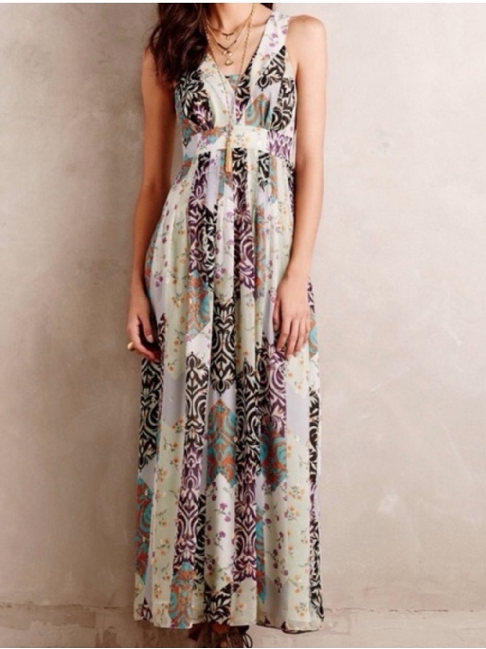 Anthropologie Maeve Verity Patchwork Maxi Dress in Mint and Lavender Size 12